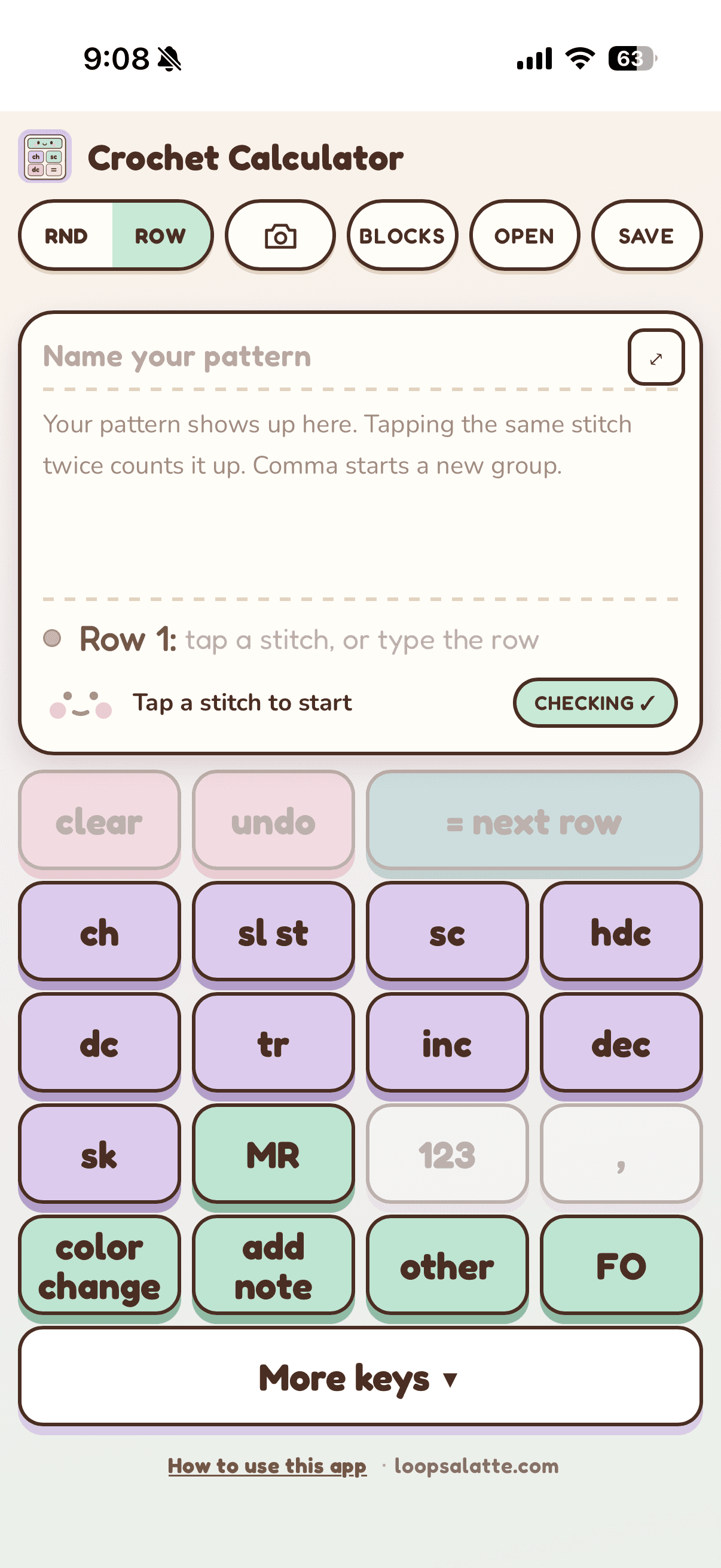 The Crochet Calculator app: a pattern editor showing a live stitch-count check and a pastel keypad of crochet stitches